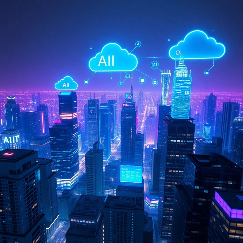 A photorealistic image depicting a futuristic cityscape at night, with holographic projections of various technologies (AI, blockchain, cloud computing) overlaid on the buildings. The color palette is dominated by neon blues and purples. The camera angle is a wide shot, capturing the scale and complexity of the technological landscape. This image should convey the cutting-edge nature of IT.