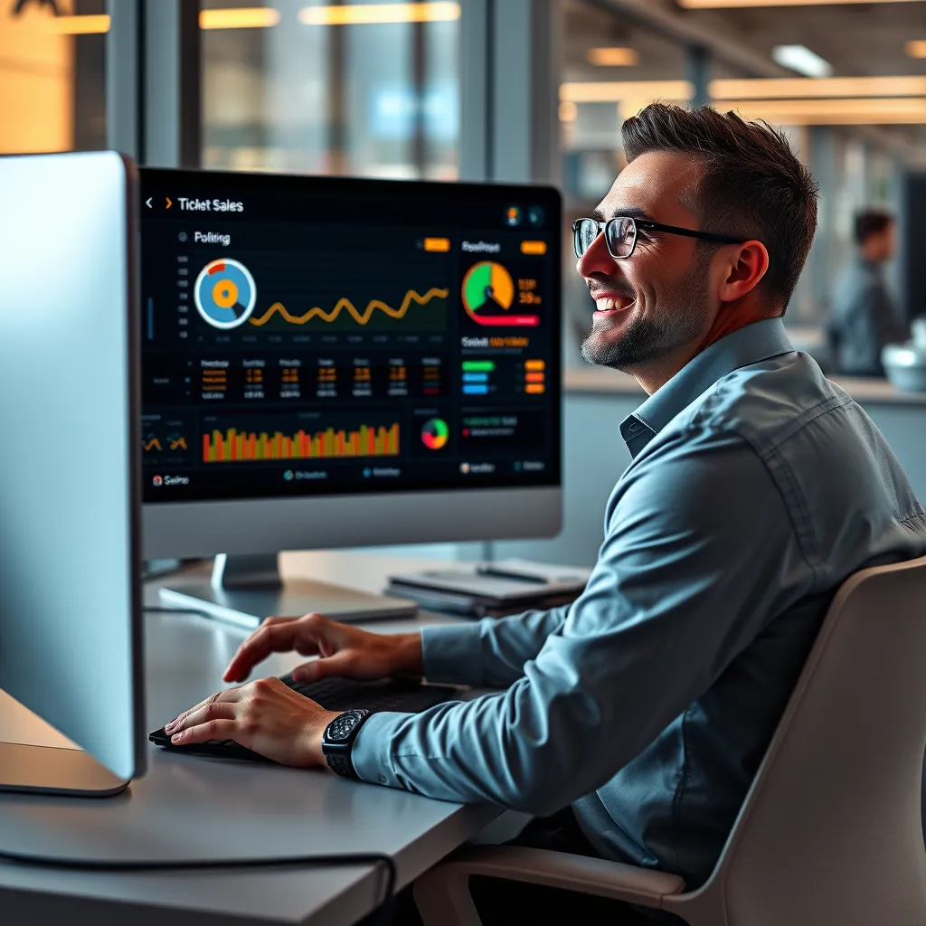 A photorealistic image of a businessperson sitting at a desk, looking at a computer screen showing a dashboard with real-time sales data from a ticketing system, with a relaxed smile on their face.