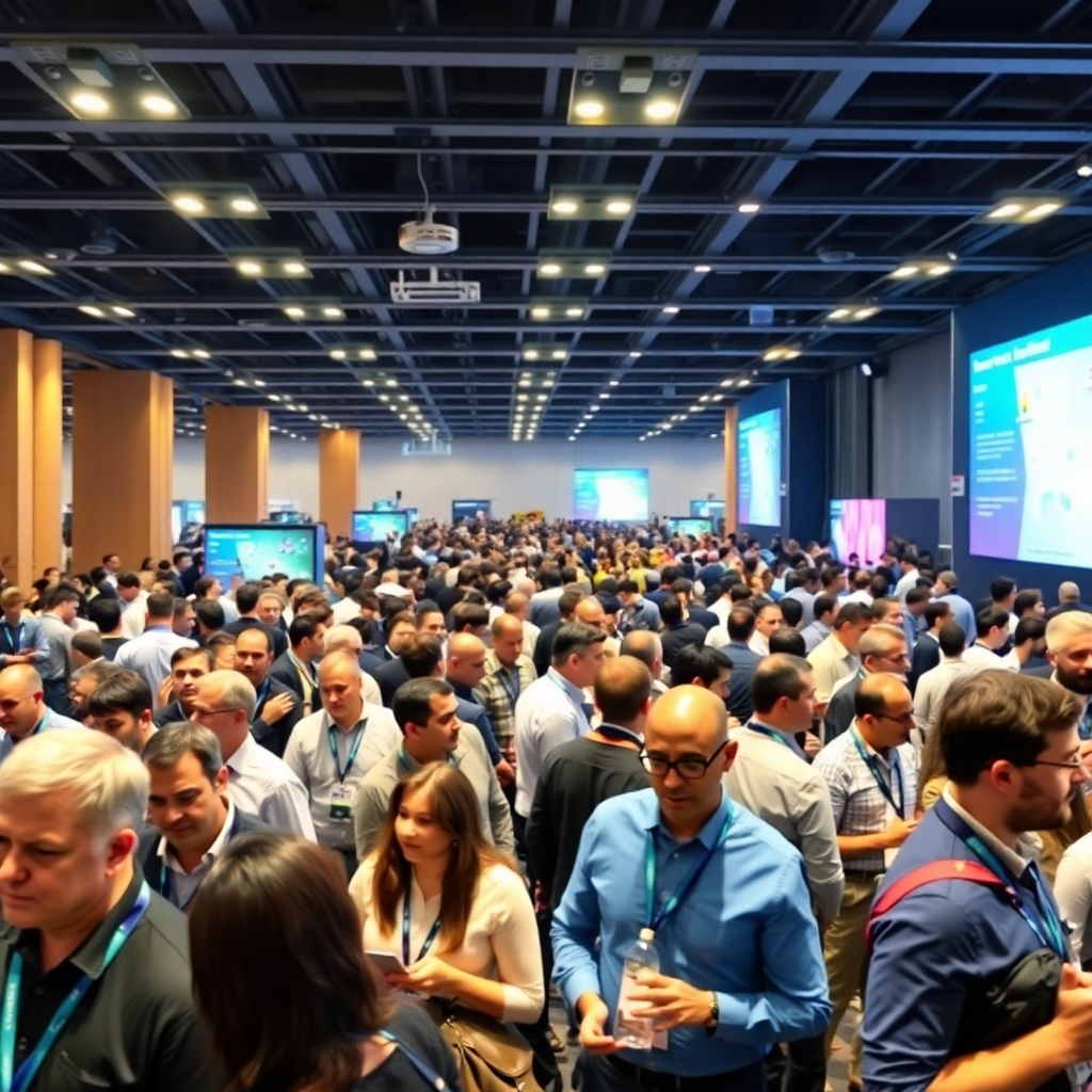 A photorealistic image of a bustling international IT conference, filled with people from diverse backgrounds engaging in discussions and presentations. The lighting is bright and energetic, capturing the excitement of the event. The camera angle is a medium shot, focusing on the interactions between attendees.