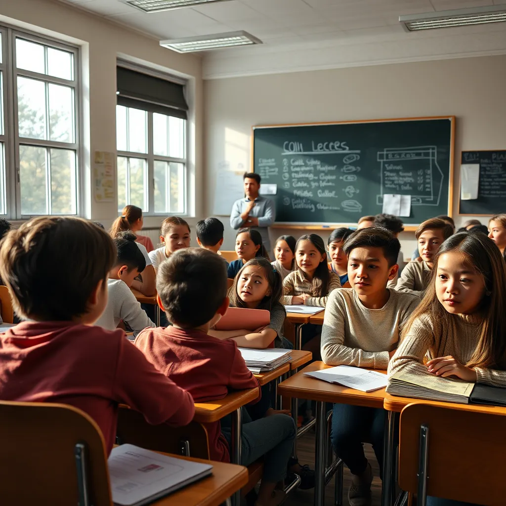 A photorealistic image of a diverse group of students of different ages and backgrounds sitting in a classroom, focused on their lessons, with a teacher at the front of the room, a blackboard with educational materials written on it, and natural lighting coming through large windows.