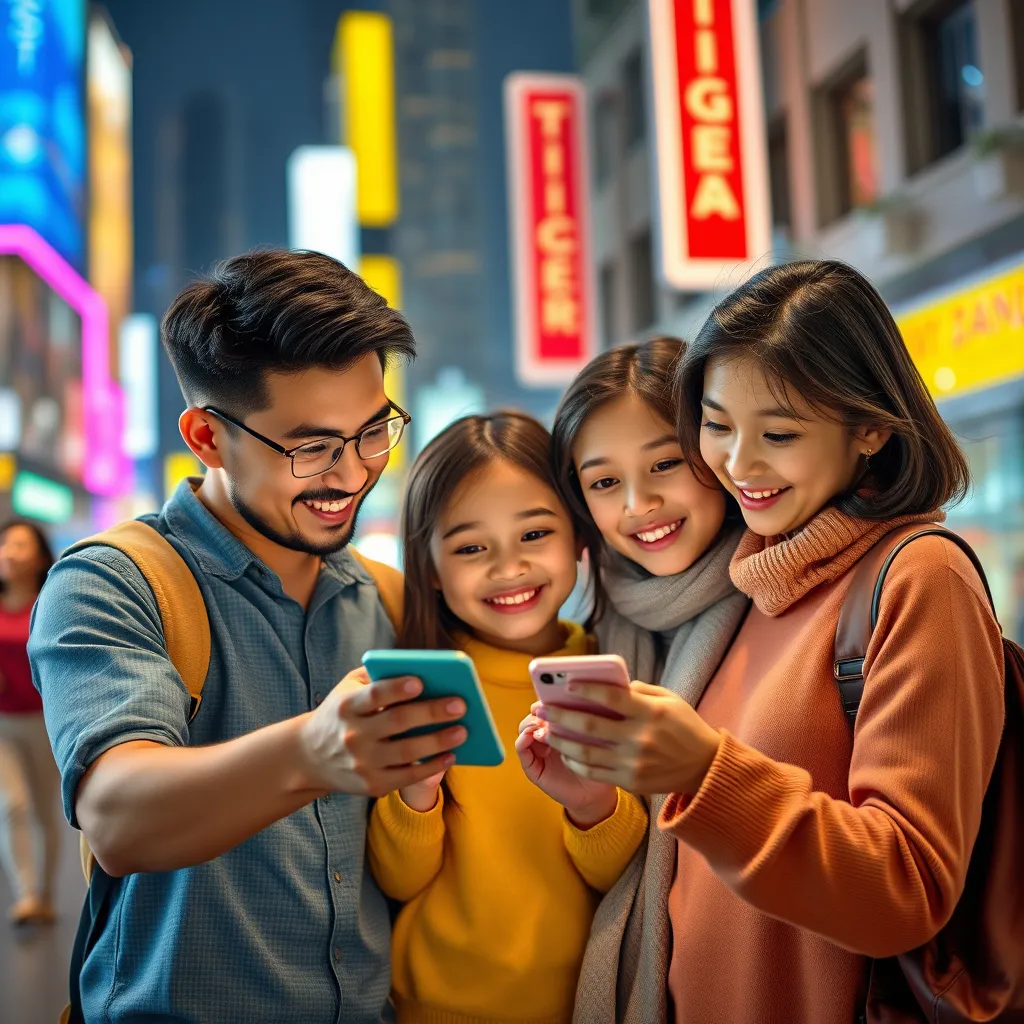 A photorealistic image of a family looking at a smartphone, browsing through a ticketing app, with a happy expression on their faces, surrounded by a cheerful and vibrant city scene.