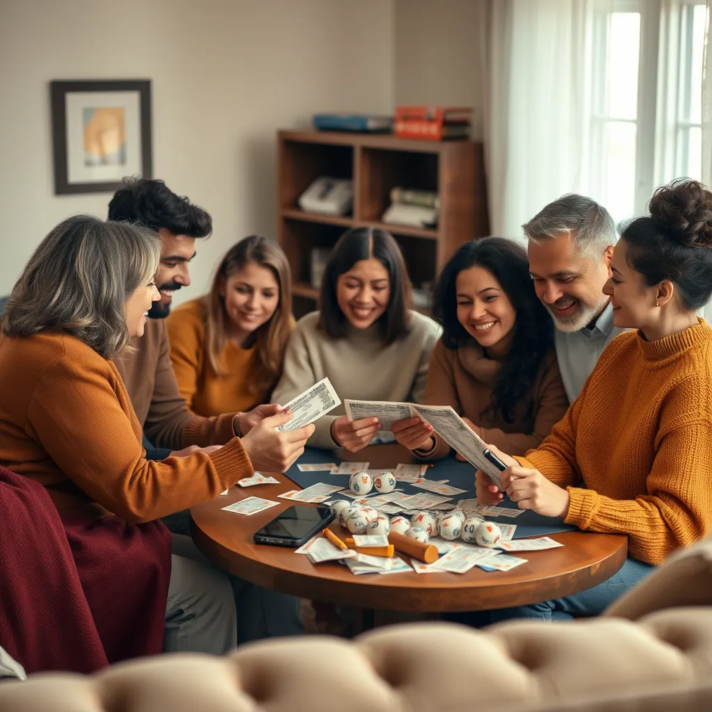 A photorealistic image of a group of diverse individuals gathered around a table, discussing and selecting lottery tickets together. The setting should be a cozy and inviting living room, with soft, warm lighting. The image should convey a sense of camaraderie and shared excitement, emphasizing the social aspect of group lottery purchases. The color palette should be warm and inviting, with natural textures and materials. The camera angle should be slightly elevated, creating a sense of intimacy and closeness.