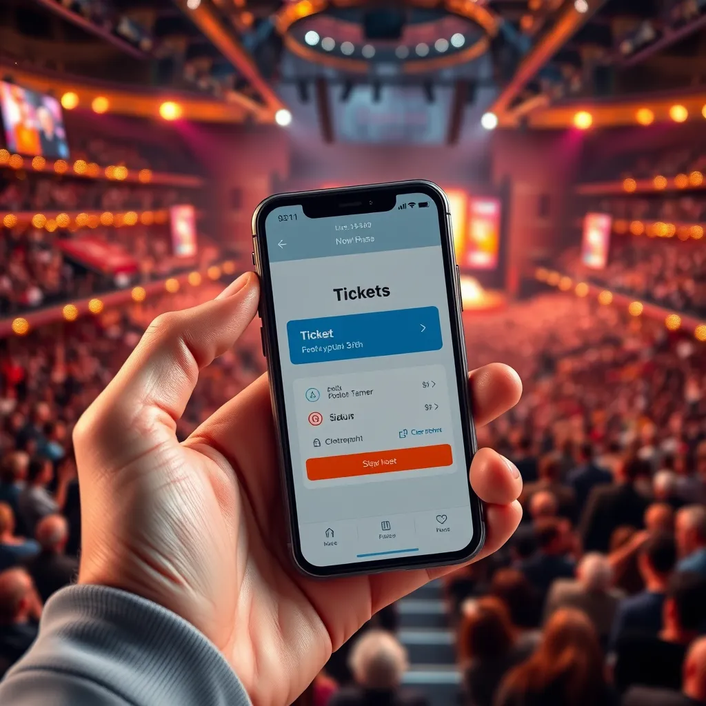 A photorealistic image of a hand holding a smartphone with a ticket purchase app open, with a background showing a bustling stadium or concert hall filled with people.