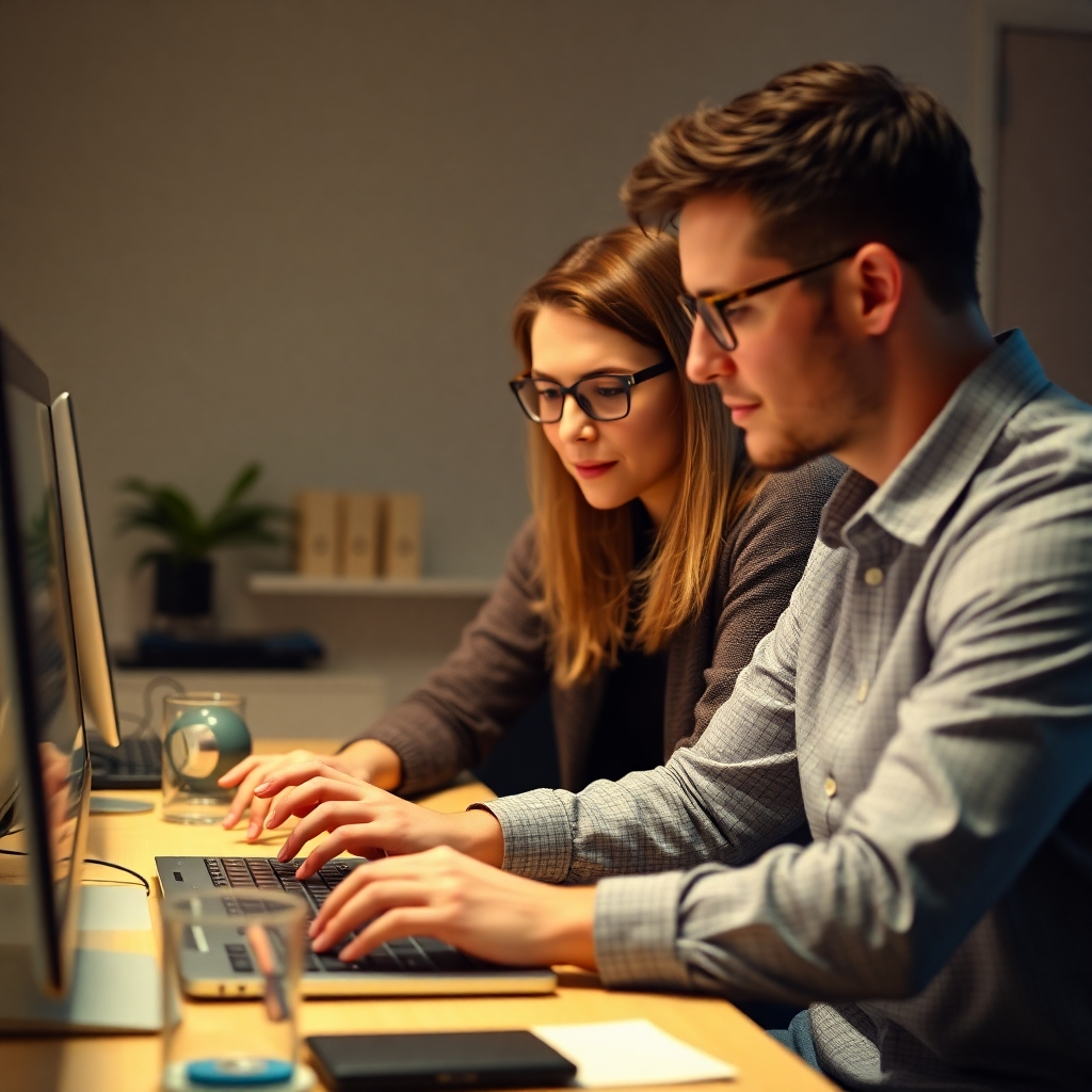 A photorealistic image of a mentor and mentee working together on a coding project, with the mentor guiding the mentee. The setting is a collaborative workspace. The lighting is warm and supportive, fostering a sense of connection and guidance. The camera angle is a medium shot, capturing the interaction between the two individuals.