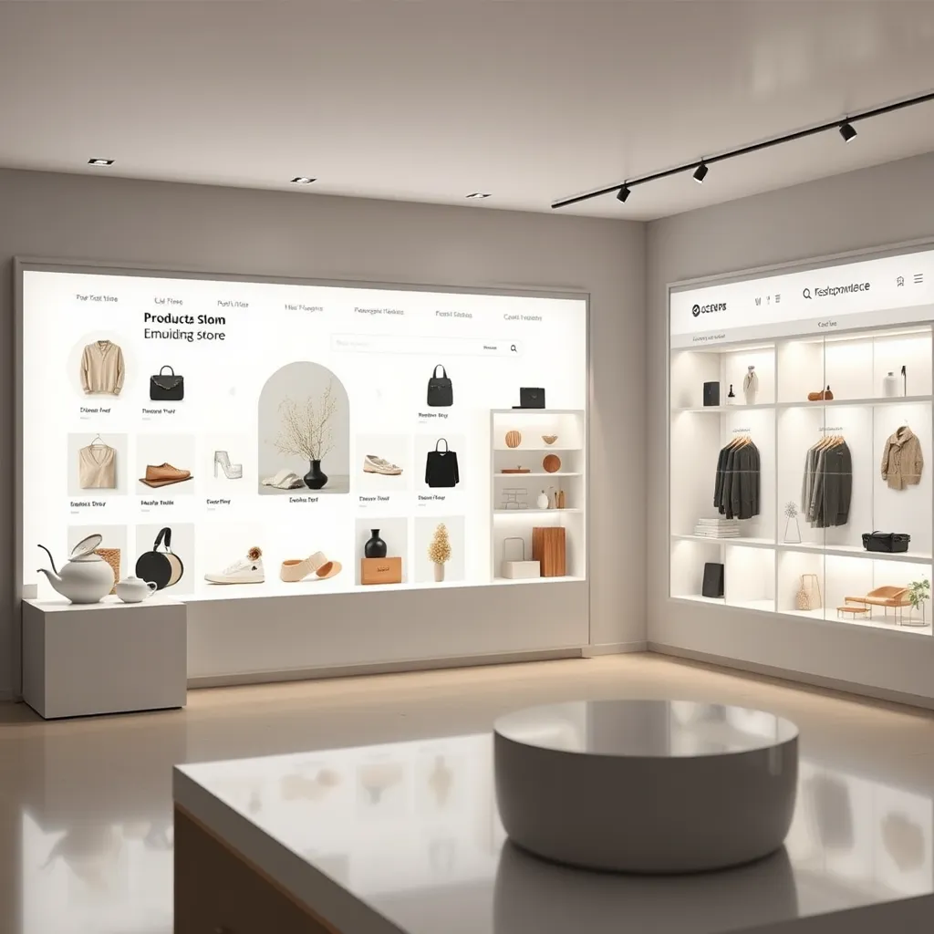 A photorealistic image of a modern online store with a clean, minimalist design. The image should feature a variety of products displayed on a white background with subtle lighting. The website should be easy to navigate, with clear call-to-actions and a shopping cart icon prominently displayed. The overall mood should be professional, sleek, and inviting. The image should be captured from a slightly angled perspective, emphasizing the depth and detail of the online store's layout. The image should be ultra-high resolution, showcasing the intricate details of the website design, such as product images, typography, and buttons. The image should be rendered in a realistic style, with a focus on sharp details and vibrant colors. The image should be inspired by the minimalist aesthetic of popular e-commerce platforms like Shopify and Squarespace.
