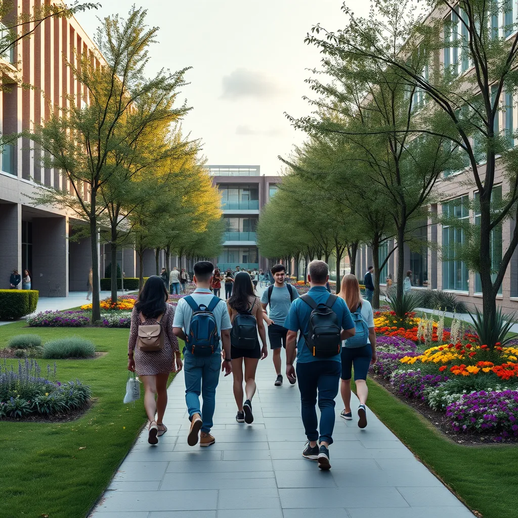 A photorealistic image of a modern university campus with a diverse group of students walking on a tree-lined path, passing by buildings with modern architecture, and a beautiful garden with vibrant flowers.
