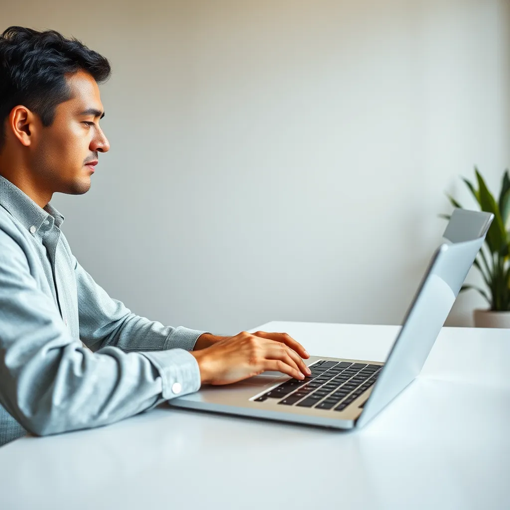 A photorealistic image of a person sitting at a desk in a bright, modern office, using a laptop to create an online account. The laptop screen displays a user-friendly registration form with fields for personal information, such as name, email address, and password. The image should convey a sense of security and ease of use, with a clean, minimalist design and a warm, inviting color palette. The lighting should be soft and diffused, illuminating the person's face and hands. The camera angle should be slightly elevated, focusing on the laptop screen and the person's interaction with the form. The background should be a simple, neutral wall, with subtle textures and details that add depth and interest to the scene. The image should be rendered in 8K resolution with ultra-realistic detail, capturing the intricate details of the laptop, the person's hands, and the surrounding environment. The style should be clean and contemporary, evoking a sense of professionalism and trustworthiness.