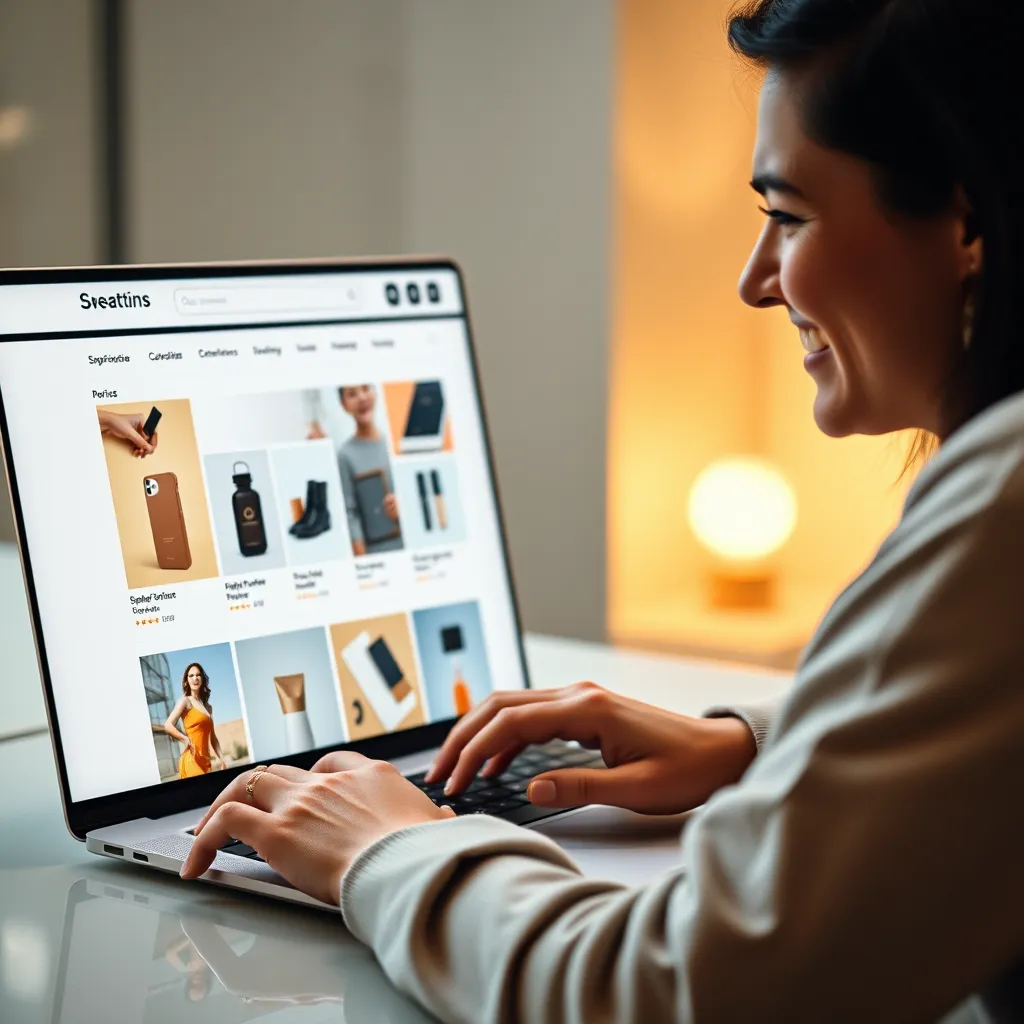 A photorealistic image of a person browsing a website on their laptop. The website is a clean and modern online store, featuring high-quality product photos, clear product descriptions, and easy-to-use navigation. The user is smiling and appears to be enjoying the shopping experience.