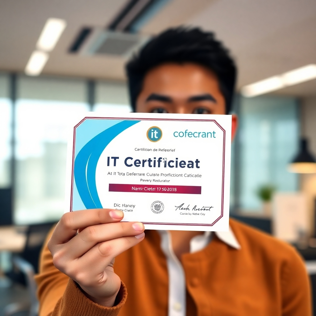 A photorealistic image of a person proudly displaying an IT certification certificate. The background is a modern office environment. The lighting is soft and professional, highlighting the achievement. The camera angle is a close-up, emphasizing the certificate and the person's expression of accomplishment.