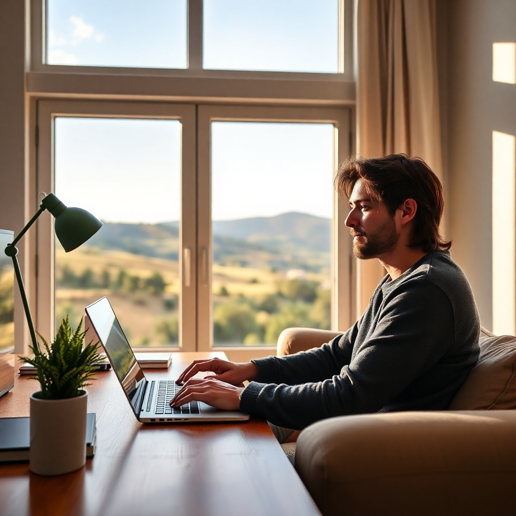 A photorealistic image of a person working on a laptop from a comfortable home office environment, with a view of a scenic landscape outside the window. The lighting is natural and inviting, promoting the idea of a balanced and productive remote work setup. The camera angle is a medium shot, capturing the person's focused expression.