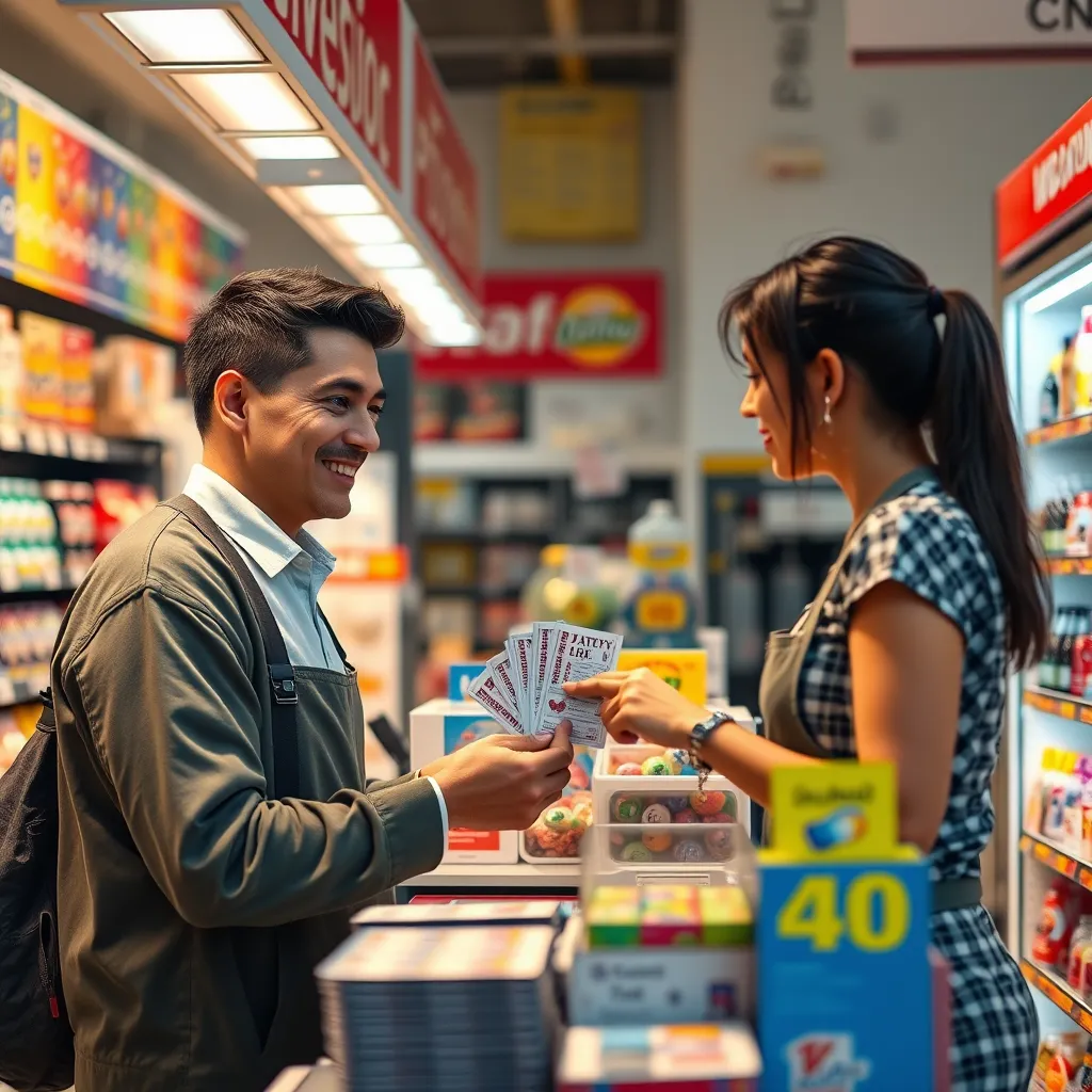 A photorealistic image of a well-lit convenience store with a dedicated lottery ticket section. The image should focus on a friendly cashier interacting with a customer, handing them a stack of lottery tickets. The scene should be filled with colorful displays of various lottery ticket brands, creating a vibrant and exciting atmosphere. The lighting should be bright and warm, emphasizing the convenience and accessibility of the service. The background should feature other typical convenience store items, creating a sense of familiarity and ease.
