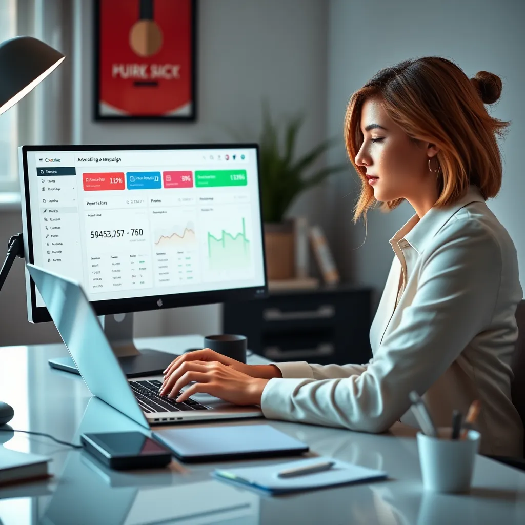 A photorealistic image of a woman sitting at her desk, using a laptop to manage an online advertising campaign. The screen displays a dashboard with data on website traffic, conversions, and social media engagement. The image conveys the idea of effective online marketing for an online shop.