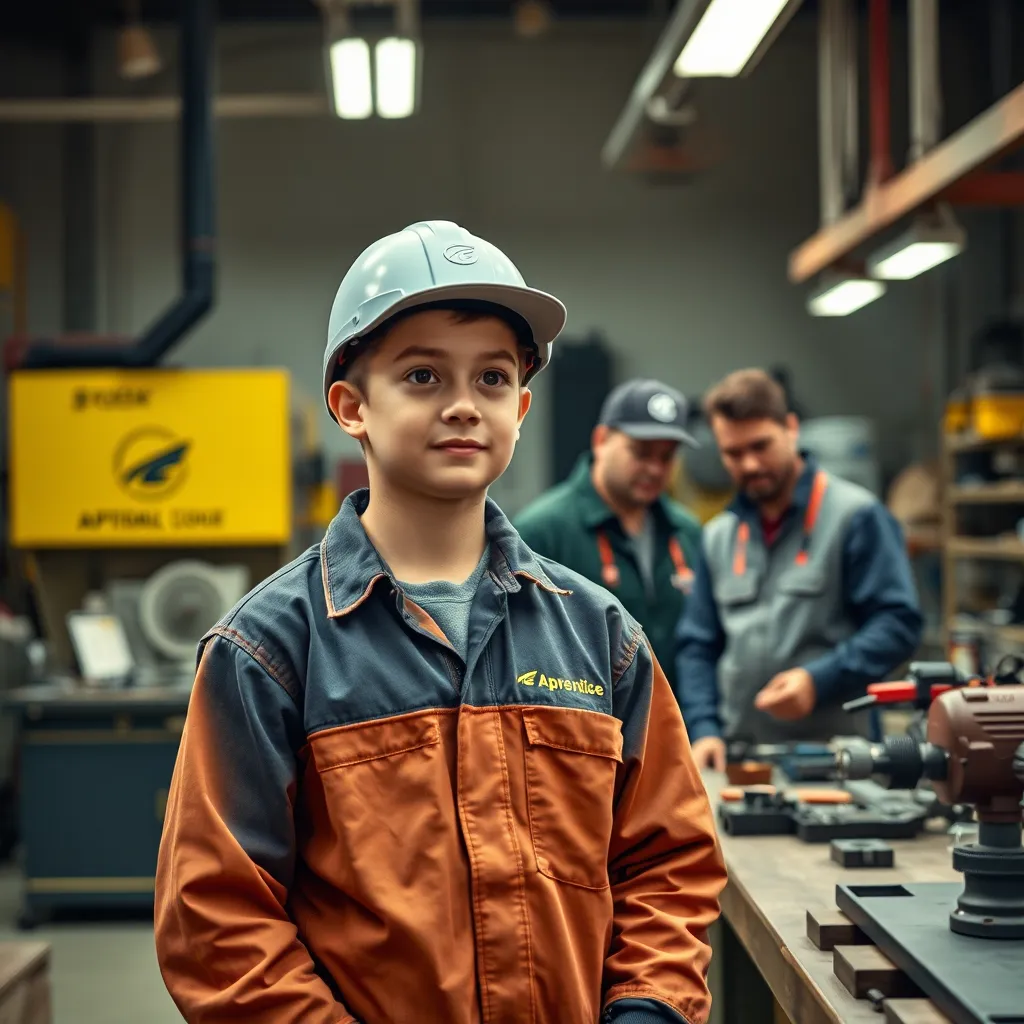 A photorealistic image of a young apprentice wearing a work uniform, learning a trade in a workshop, with experienced professionals providing guidance and instruction, surrounded by tools and machinery, and a company logo displayed prominently.