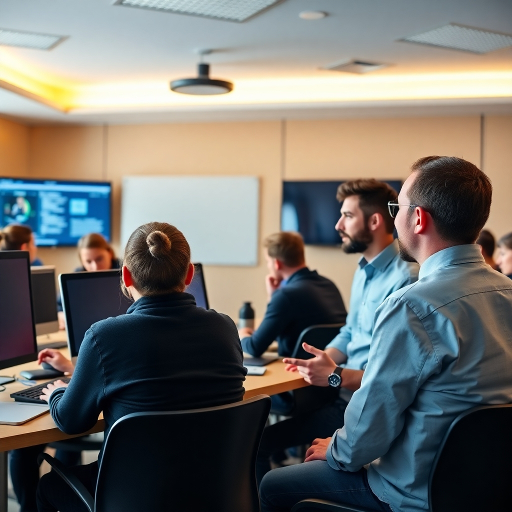 A photorealistic image of an IT training session in a classroom, with students actively participating and engaging with the instructor. The lighting is warm and inviting, promoting a learning environment.