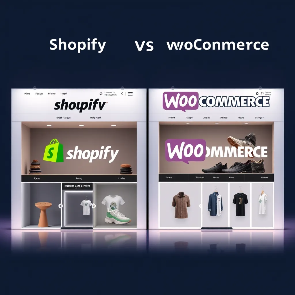 A side-by-side comparison of Shopify and WooCommerce storefronts. Shopify should be sleek and modern, with a focus on ease of use. WooCommerce should be more customizable and flexible, with a focus on advanced features.