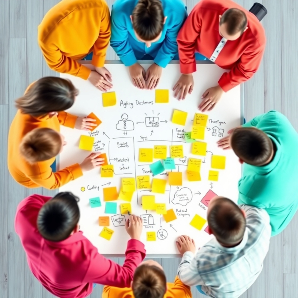 A stylized image depicting a team of people collaborating around a whiteboard covered in sticky notes and diagrams, representing agile methodologies. The color palette is vibrant and energetic, symbolizing teamwork and flexibility. The camera angle is a top-down view, showcasing the collaborative process.