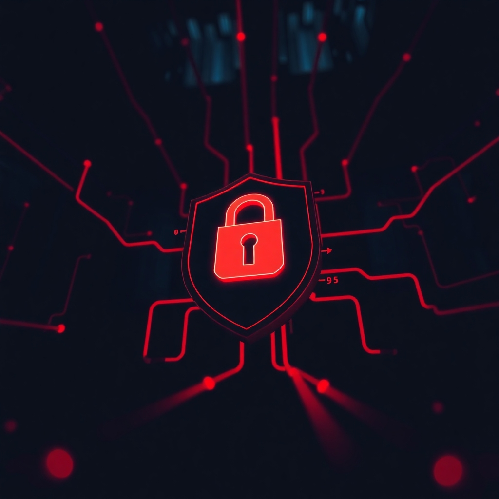 A stylized image of a digital shield protecting a computer network from cyberattacks, represented by glowing red lines and code. The color palette is dark and protective, symbolizing security and resilience. The camera angle is a low angle, emphasizing the strength and protection of the shield.