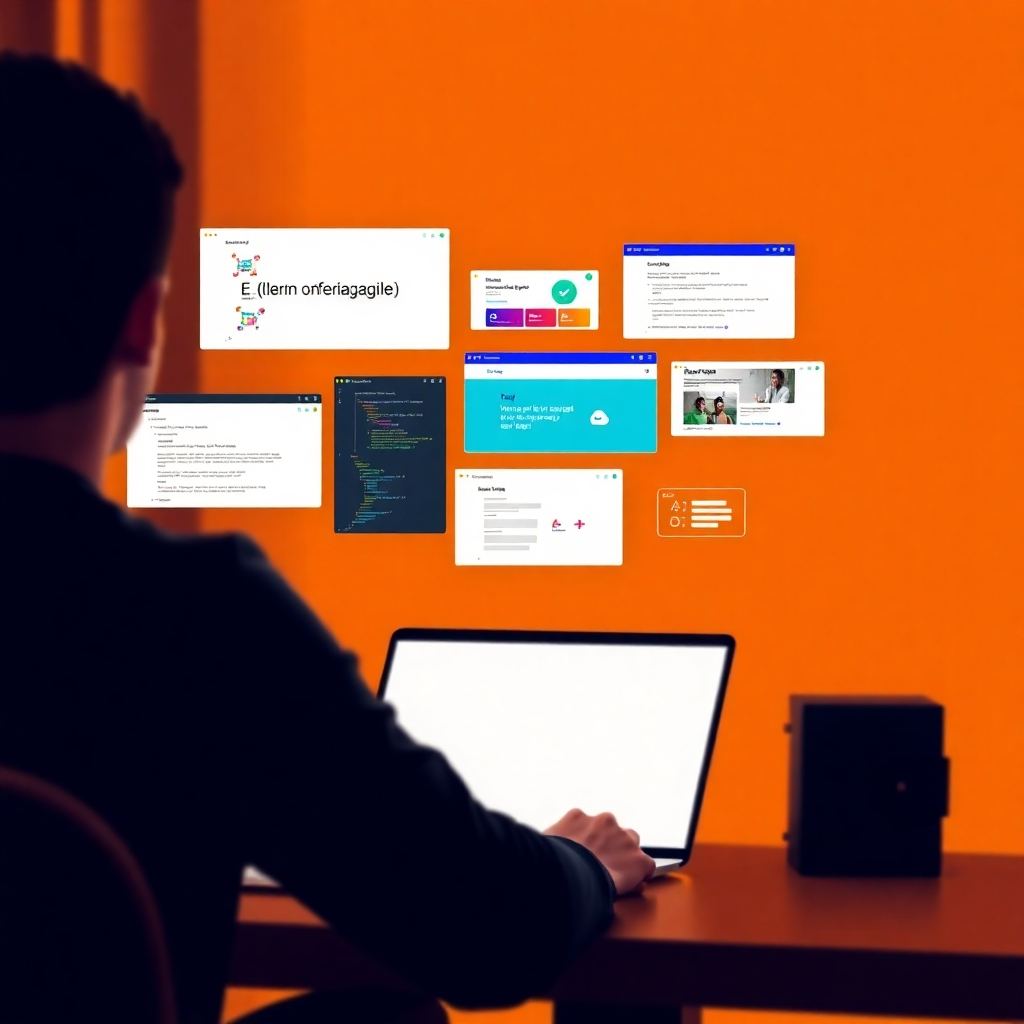 A stylized image of a person sitting at a desk, illuminated by the glow of a laptop screen. The screen displays various coding languages and educational interfaces. The background is blurred, creating a focus on the learning experience. The color palette is warm and inviting, promoting the idea of comfortable and accessible online education.