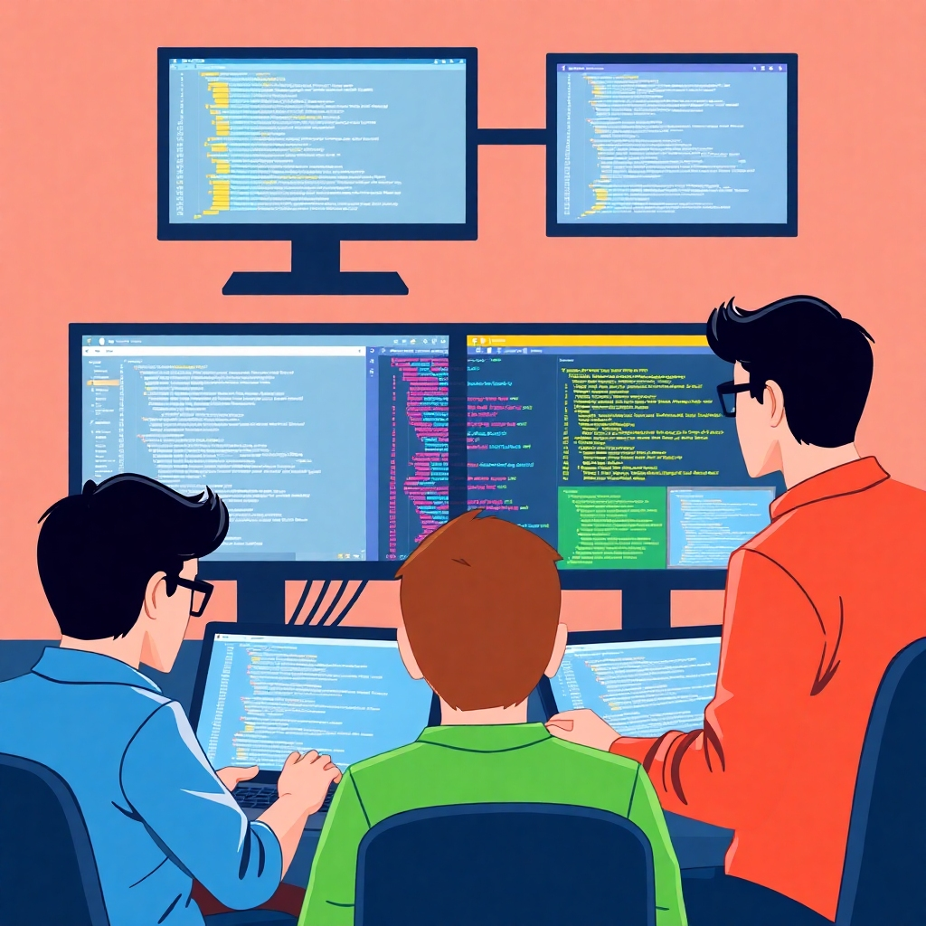 A stylized image of a team of software developers collaborating on a coding project, with lines of code and visual interfaces displayed on multiple screens. The color palette is vibrant and energetic, symbolizing creativity and innovation.