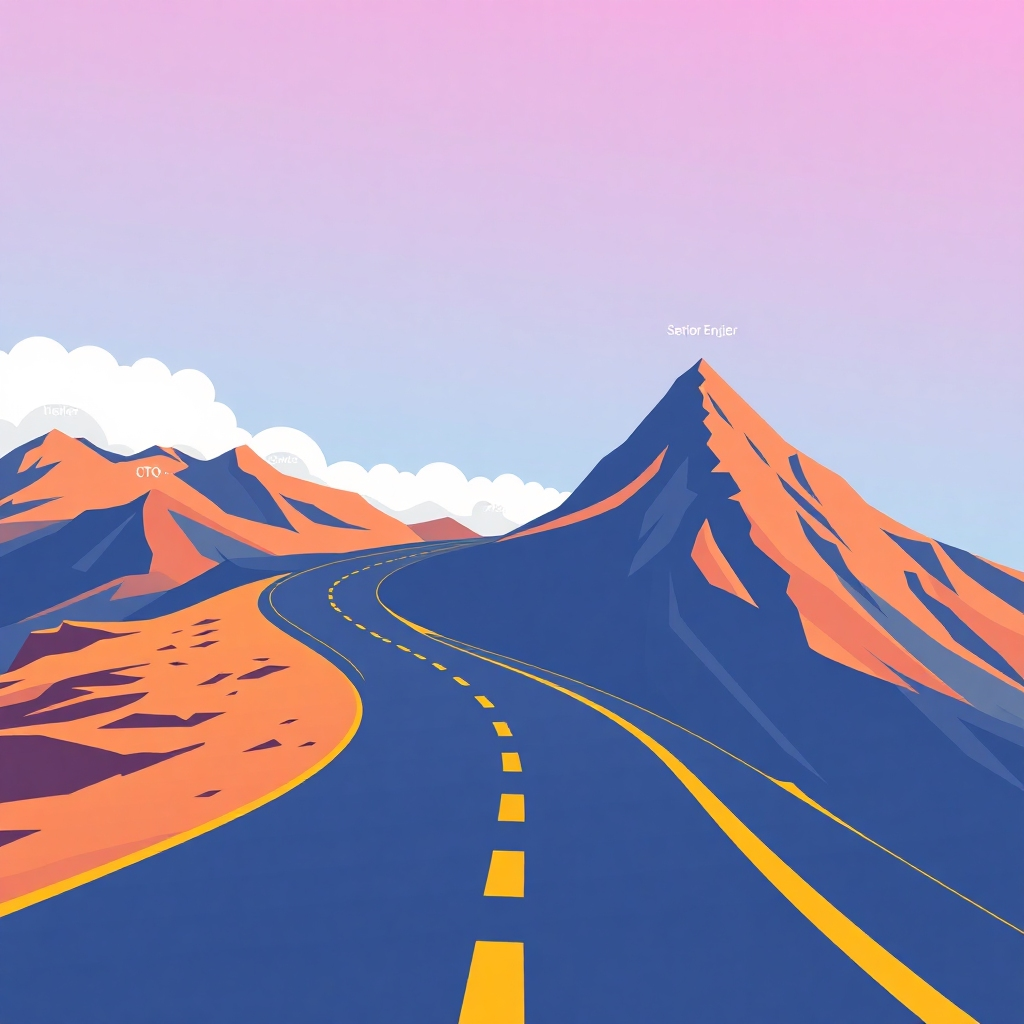 A stylized image of a winding road leading up a mountain, with various career milestones marked along the way (e.g., Junior Developer, Senior Engineer, CTO). The color palette is bright and optimistic, symbolizing growth and achievement. The camera angle is a low angle, emphasizing the upward trajectory of a career path.