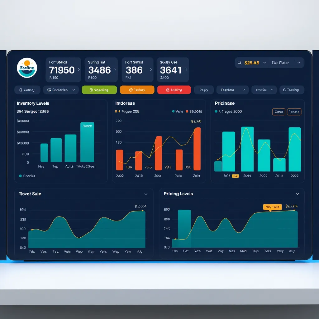 A user-friendly dashboard interface with graphs and charts displaying data related to ticket sales, inventory levels, and pricing trends. The dashboard should have a clean and modern design with interactive elements, showing real-time data updates.