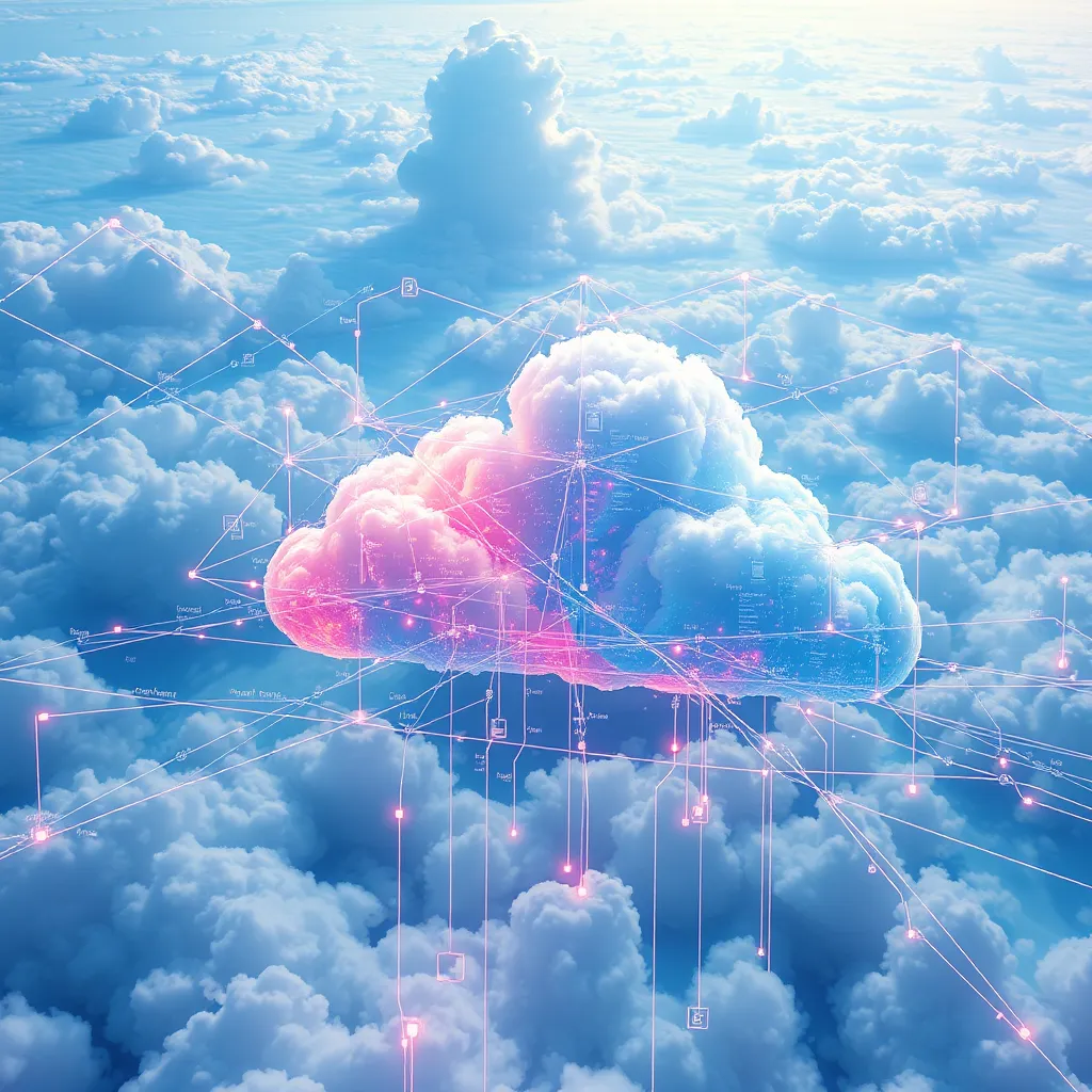 An abstract representation of a cloud computing system, showcasing interconnected servers, data flows, and cloud-based applications. The background should be a vast, ethereal landscape, representing the scale and flexibility of the cloud. The image should convey a sense of interconnectedness and seamless flow of data. Focus on the interplay of light and shadow, highlighting the dynamism and fluidity of the cloud environment. Render in 8K resolution with a vibrant color palette, showcasing the interplay of light and color.  Incorporate stylized text and icons representing various cloud services and functionalities. Reference the works of renowned digital artists specializing in data visualization and abstract imagery.