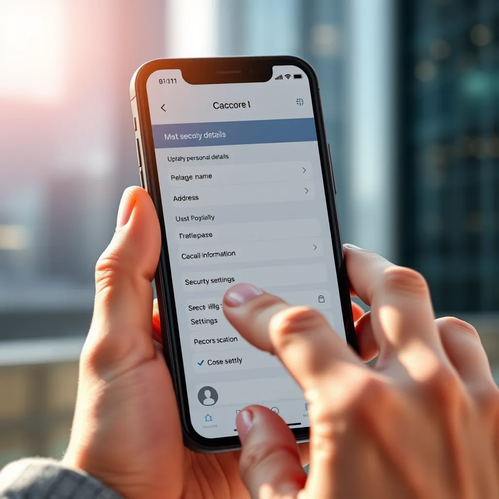 An ultra-realistic, high-resolution image of a person using a smartphone to access a secure online portal for managing personal information. The smartphone screen displays a user interface with clear and organized sections for updating personal details, such as name, address, contact information, and security settings. The image should convey a sense of control and security, with a modern and intuitive design and a calming, neutral color palette. The lighting should be natural and soft, illuminating the person's hands and the smartphone screen. The camera angle should be close-up, focusing on the person's hand interacting with the smartphone. The background should be a blurred, abstract representation of a modern cityscape, suggesting a sense of mobility and accessibility. The image should be rendered in 8K resolution with hyperrealistic detail, capturing the intricate textures of the smartphone and the person's hand, as well as the realistic blur of the background.