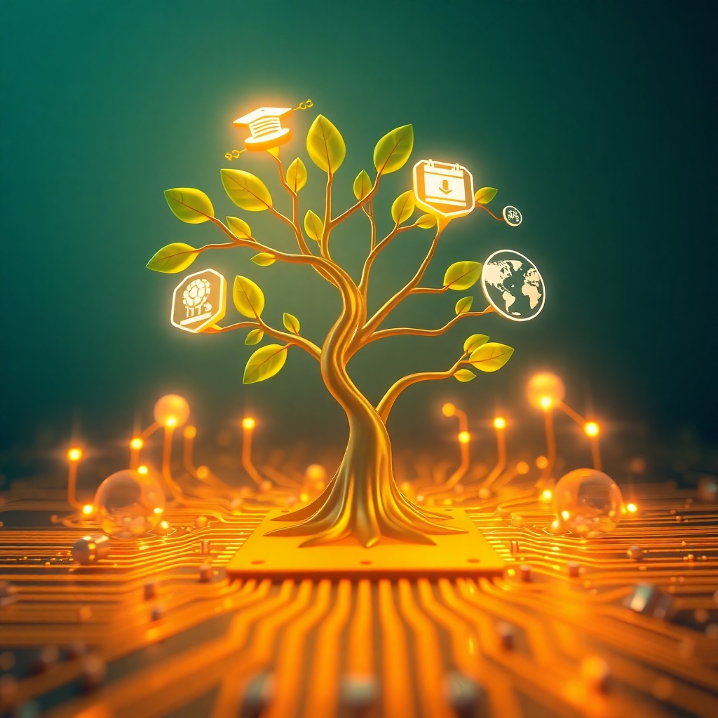 Create a 4K resolution, high-quality image representing the essence of 'Free lancer IT' and its mission: 'Global update IT, growth and education opportunities for the needed one'. The scene should depict a stylized representation of a tree growing from a circuit board, with its branches reaching towards glowing icons representing education, innovation, and global connectivity. The lighting is warm and inviting, with a color palette of greens, golds, and blues. Camera angle is a low angle, emphasizing growth and aspiration. Textures should be smooth and polished, creating a modern and professional look. The overall style should be optimistic and forward-thinking, inspiring viewers to embrace IT-driven opportunities. Style reference: Modern illustration with a touch of realism.