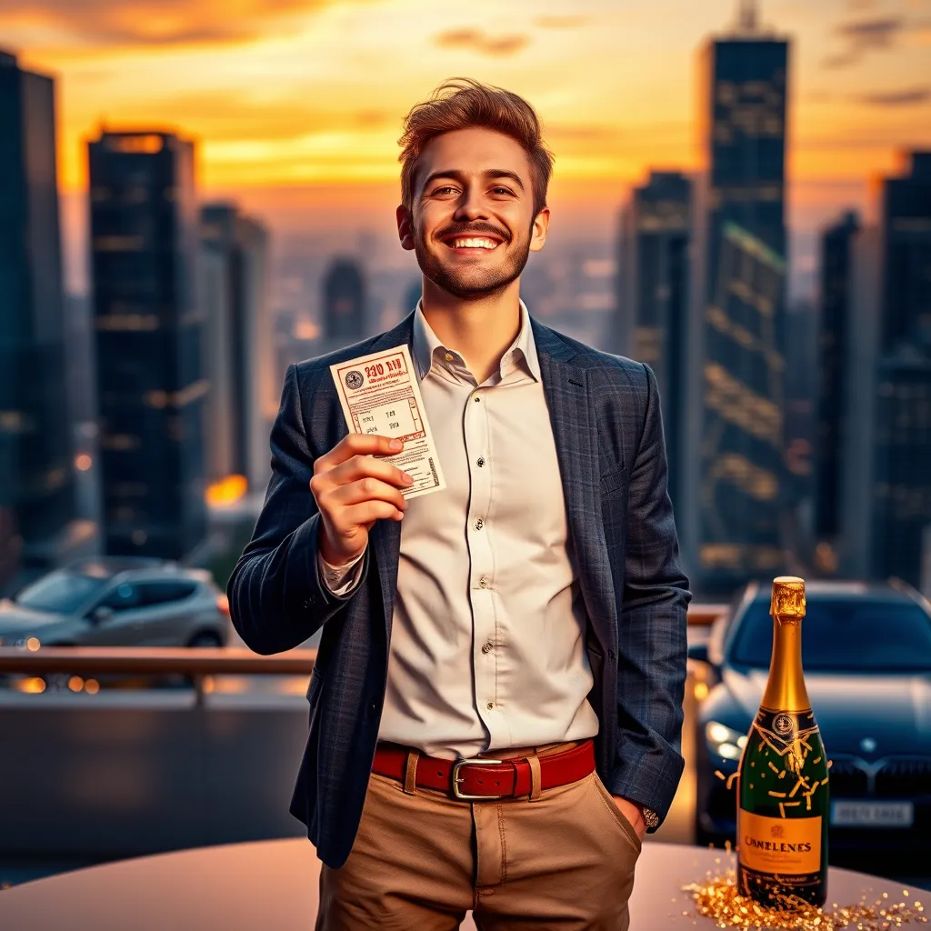 Generate a hyperrealistic 8K resolution image of a person with a winning lottery ticket in hand, standing in front of a vibrant cityscape at sunset. The person should be dressed in smart casual attire, radiating joy and excitement. The cityscape should have a modern aesthetic, with tall skyscrapers and twinkling lights. The lighting should be soft and warm, casting a golden glow over the scene. The image should convey a sense of possibility, optimism, and the thrill of winning. Include a subtle blur effect in the background to create a sense of depth and focus on the person and their winning ticket. Use a color palette that emphasizes warm tones, such as golden yellows, deep oranges, and soft blues, to further enhance the positive and hopeful mood of the image. The overall style should be modern, aspirational, and visually appealing. Include small details such as a celebratory confetti effect around the ticket, a celebratory champagne bottle on a nearby table, and a backdrop of a luxury limousine or sports car for added visual impact., ultra high resolution, photorealistic, 8K, hyperdetailed, cinematic lighting