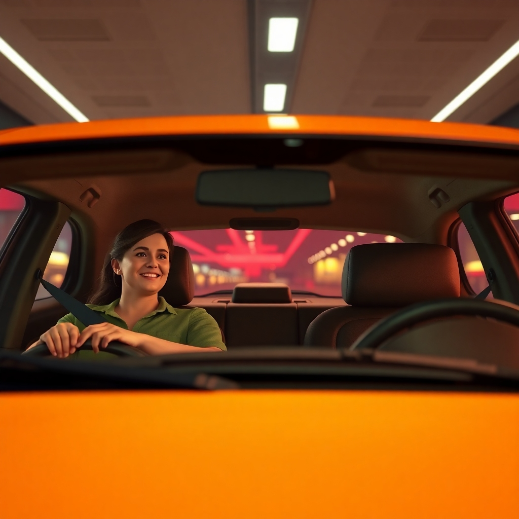 Photorealistic image, 4k resolution.  Show a taxi pulling away from the airport terminal.  Focus on the comfortable interior of the taxi, showing passengers relaxed and satisfied. The outside view should be a partially blurred airport background with bright lighting. Warm color tones should dominate the scene. This should create a feeling of comfort and ease.