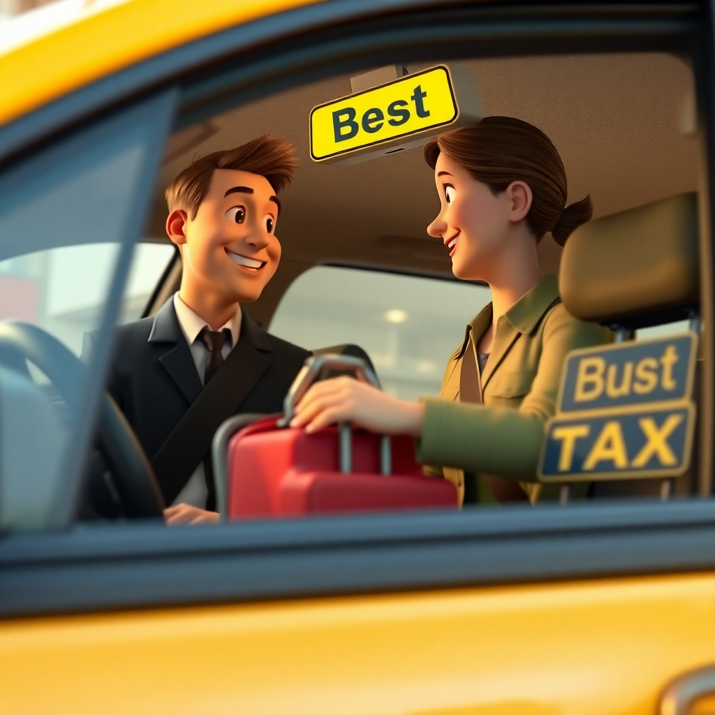 4k photorealistic image with a focus on a driver interacting with a satisfied customer receiving their luggage at the destination. Show clear signage of Best Taxi on the taxi. The overall ambiance should be that of trust, quality and ease.