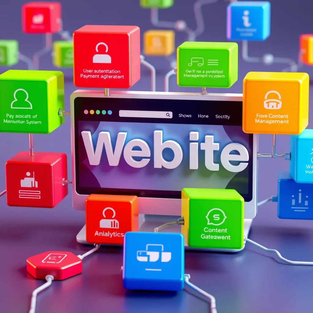 A 3D illustration of a website with different functional elements represented as colorful blocks, interconnecting seamlessly. The blocks could represent features like user authentication, payment gateways, content management systems, and analytics, highlighting the interconnected nature of a website.