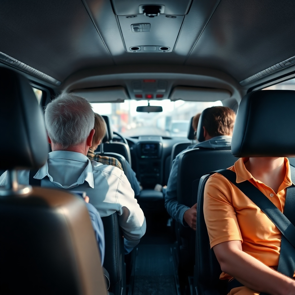 A 4k photorealistic image emphasizing safety measures, such as seatbelts, clean and well-maintained vehicles. Passengers are safely seated. Focus on security, comfort, and professionalism.
