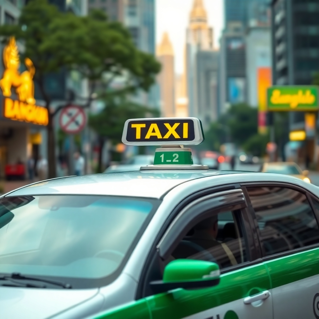 A 4k photorealistic image showing a taxi in the city of Bangkok or Pattaya, highlighting its ability to travel to various locations. Show the ease of the ride from one place to another.