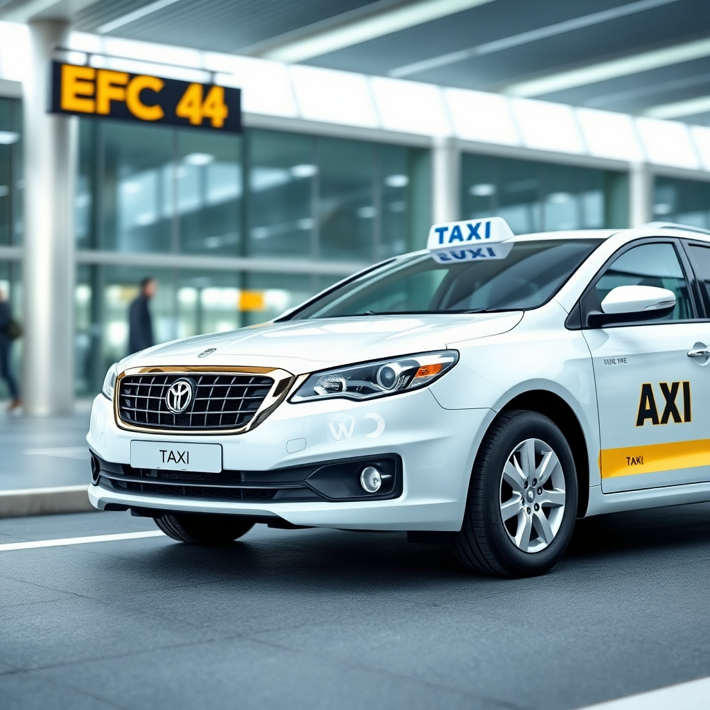 A 4k photorealistic image showcasing a taxi arriving at an airport terminal. The taxi should be clean, modern, and easily identifiable with clear signage. The airport terminal should be in the background but not a central focus.