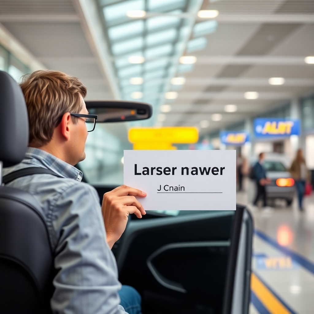 A 4k photorealistic image showing a driver holding a clear sign with a passenger's name waiting patiently in the arrival area of the airport. The focus should be on clear communication and easy identification. A warm, friendly atmosphere should be shown.