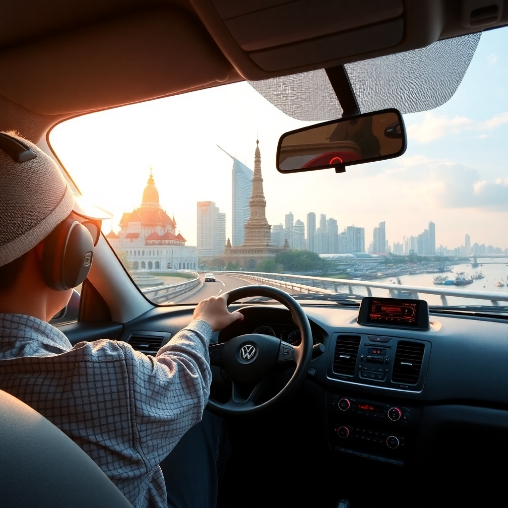 A 4k photorealistic image showcasing a taxi driving through a scenic route in Bangkok or Pattaya, highlighting city landmarks and beautiful scenery. Focus on the experience and comfort of the tour.
