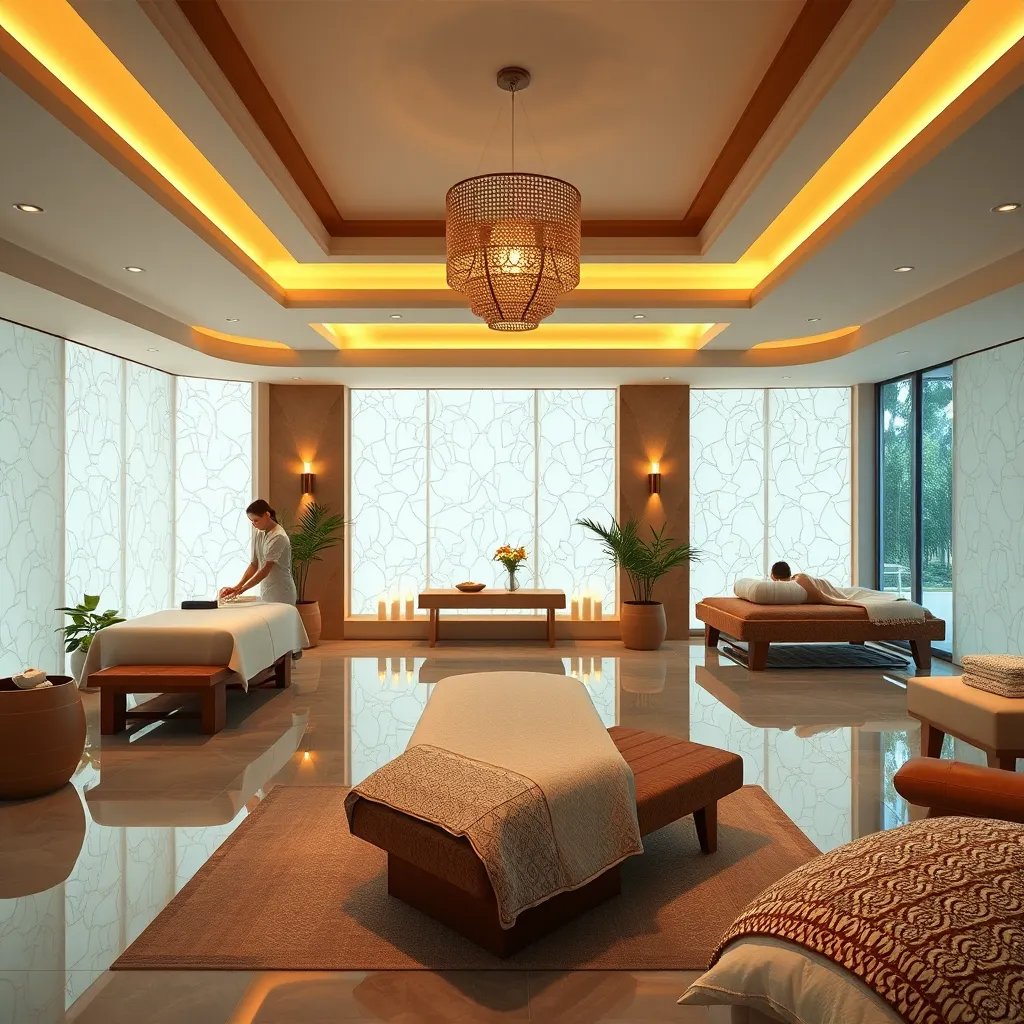 A beautiful spa interior with different massage areas, each showcasing a different style of massage. The image should include a therapist performing a massage with oil, a client relaxing with a herbal massage, and another client receiving a foot massage. The overall feeling should be one of relaxation and rejuvenation.