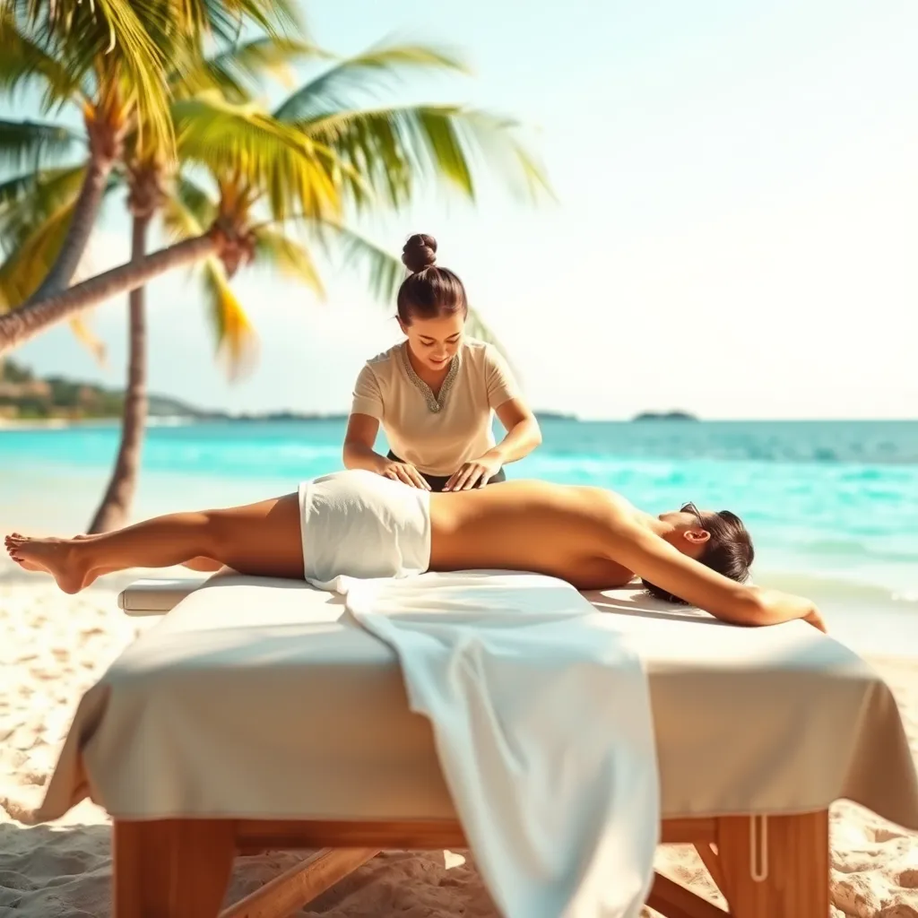 A beautiful woman lying on a massage table on a beach in Pattaya, Thailand, with a therapist massaging her back. The beach is sunny and the water is blue. There are palm trees in the background and the sky is clear. The woman is wearing a white sarong and the therapist is wearing a traditional Thai massage uniform. The scene is tranquil and relaxing.