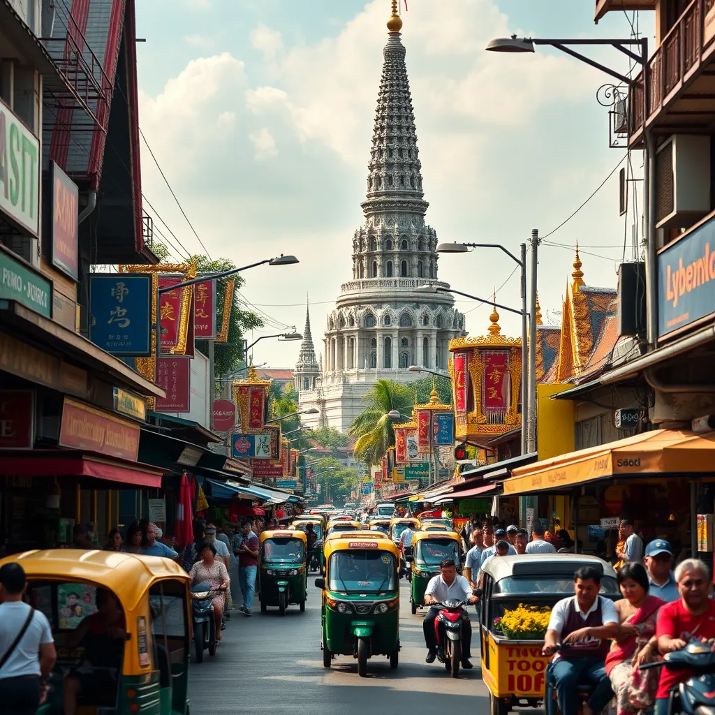 A bustling street scene in Bangkok, showcasing the vibrant culture and history of the city.  Focus on the iconic Wat Arun Ratchawararam Ratchawaramahawihan temple, its intricate spires reaching towards the sky.  The street is alive with activity, filled with vendors selling their wares, street food stalls, and locals going about their daily lives.  Include colorful tuk-tuks and traditional longtail boats navigating the Chao Phraya River.  The image should be a composition of the city's vibrant colors, with a mix of warm and cool tones, capturing the dynamic energy of Bangkok.  Rendered in ultra-high resolution with a cinematic style and shallow depth of field, highlighting the intricate details of the architecture and the bustling city life.