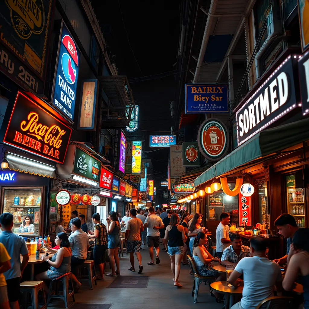 A bustling street scene in Pattaya, Thailand, with a mix of beer bars, each with a unique style and atmosphere. The image should showcase a variety of people enjoying drinks and socializing, highlighting the diversity of the beer bar scene.
