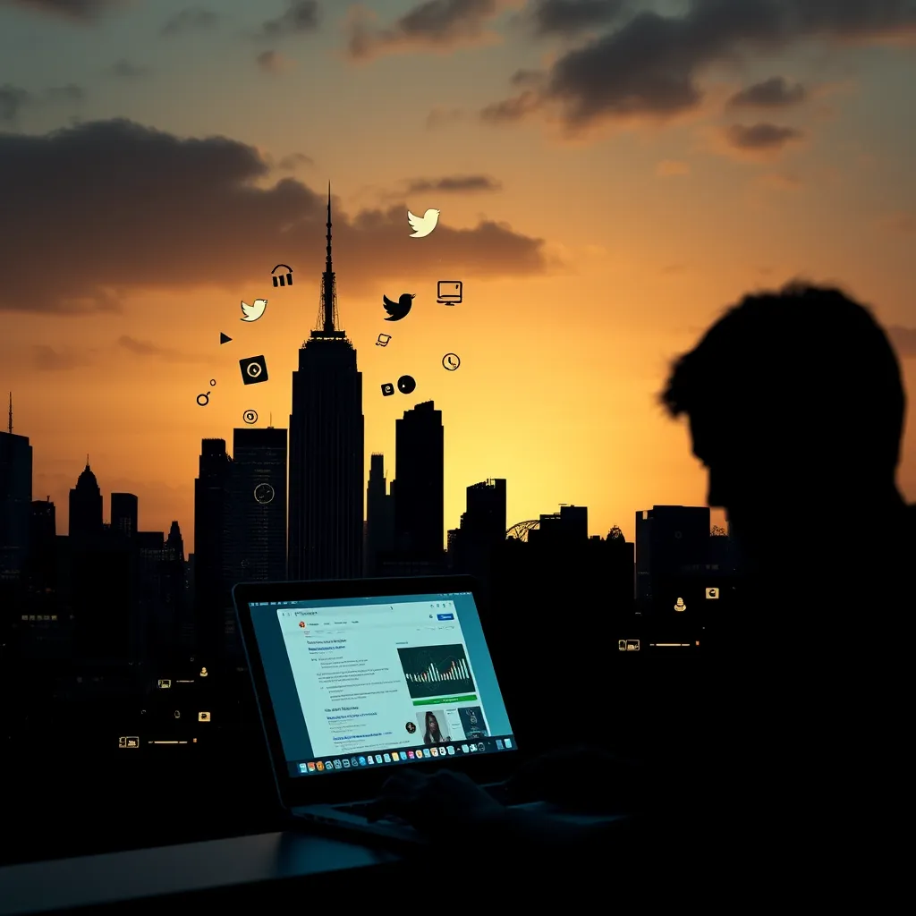 A cityscape silhouette with various digital icons and symbols emerging from the ground, representing the dynamic nature of digital marketing. In the foreground, a person is using a laptop with multiple browser windows showcasing different social media platforms, search engine results, and marketing analytics tools.