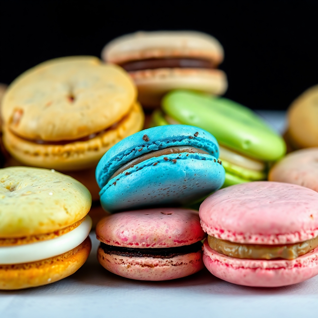 A close-up, high-resolution image of a variety of cookies and macarons.  The image should focus on the textures and colors of these treats, and showcase a range of different flavors. The lighting should be soft and diffused, creating a feeling of delicacy. The background should be simple and understated, allowing the cookies and macarons to be the focal point.