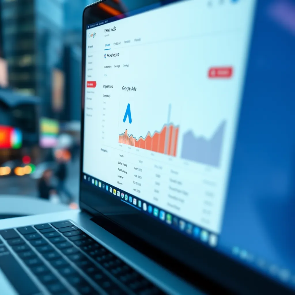 A close-up image of a laptop screen displaying a Google Ads campaign dashboard. The screen should show a variety of data and metrics, such as impressions, clicks, and conversions. The image should be bright and colorful, with a modern and professional aesthetic. The background should be a blurred image of a busy cityscape.