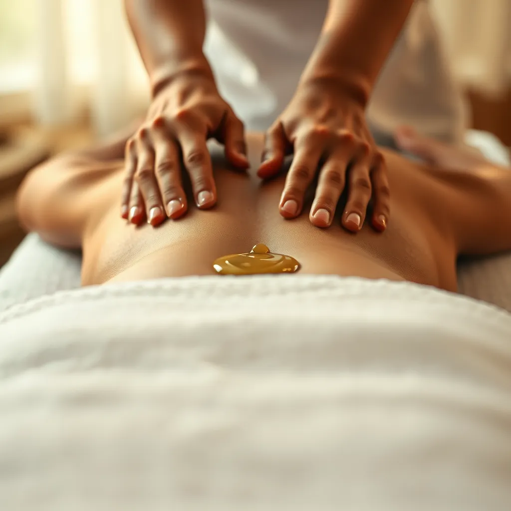 A close-up image of a Thai massage therapist's hands gently massaging oil into a client's back. The client is lying face down on a massage table, with a soft white towel draped over their lower body. The lighting is soft and diffused, creating a warm and inviting atmosphere. The image should focus on the textures and details of the massage, including the smooth, flowing movements of the therapist's hands, the glistening oil on the client's skin, and the soft, luxurious texture of the towel. The image should have a calming and relaxing mood, and convey the sense of tranquility and rejuvenation that comes with a Thai oil massage. The image should be 8K resolution, ultra-detailed, and have a hyperrealistic style.