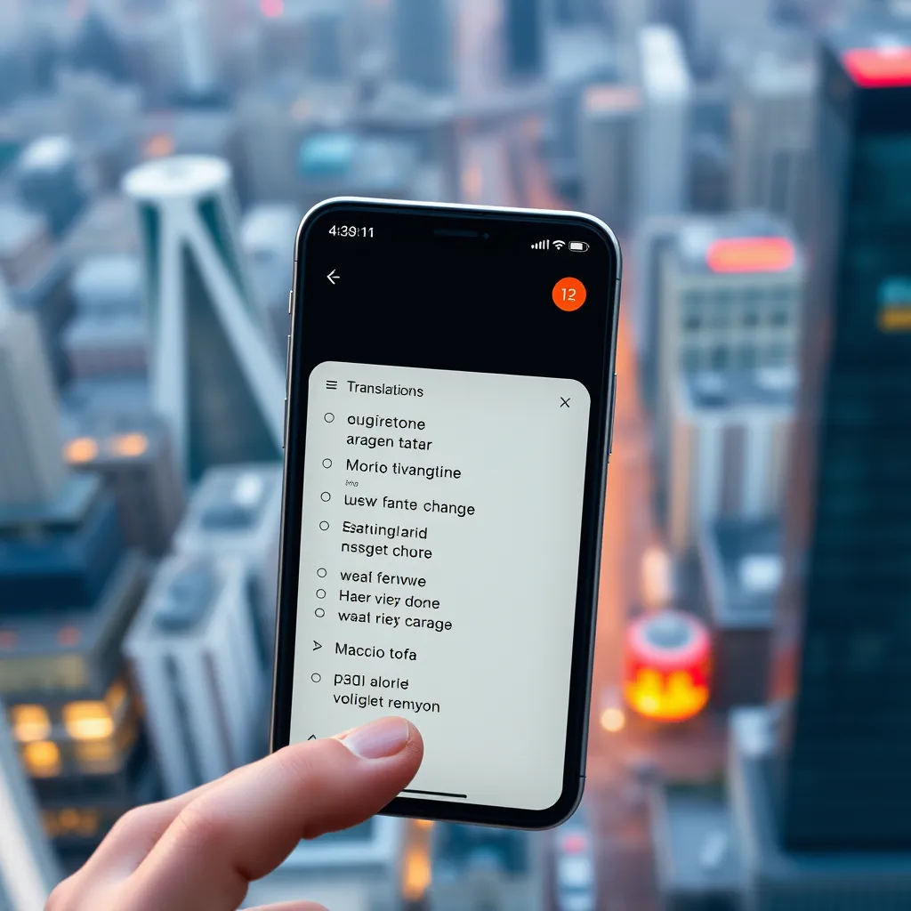 A close-up of a phone screen displaying a translation app in action. The interface should show a sentence in one language being instantly translated into another, with a clear visual representation of the two languages. The background should be a vibrant, diverse cityscape.