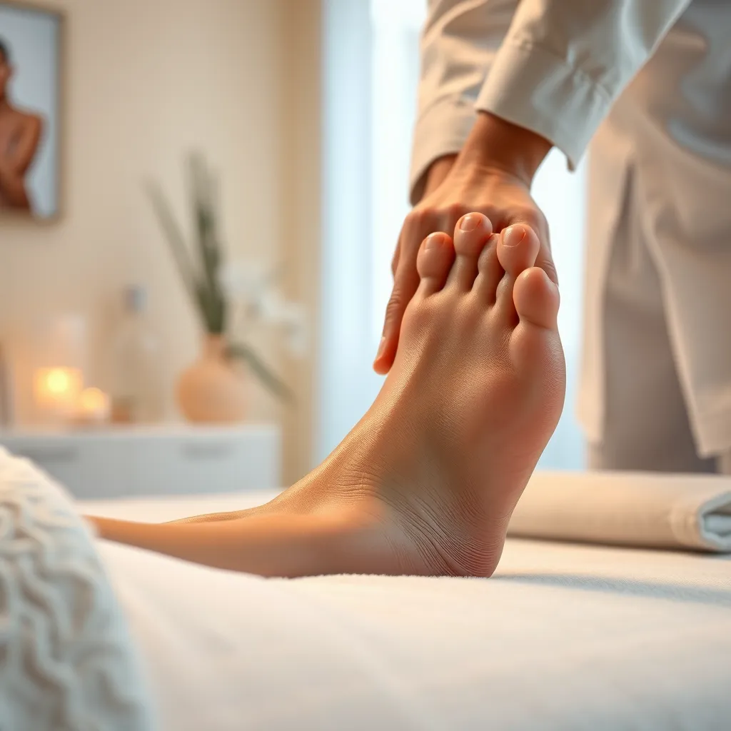 A close-up photorealistic image of a therapist massaging a person's feet with their hands, using gentle strokes and pressure. The setting should be a clean and inviting massage room with soft lighting and calming colors.