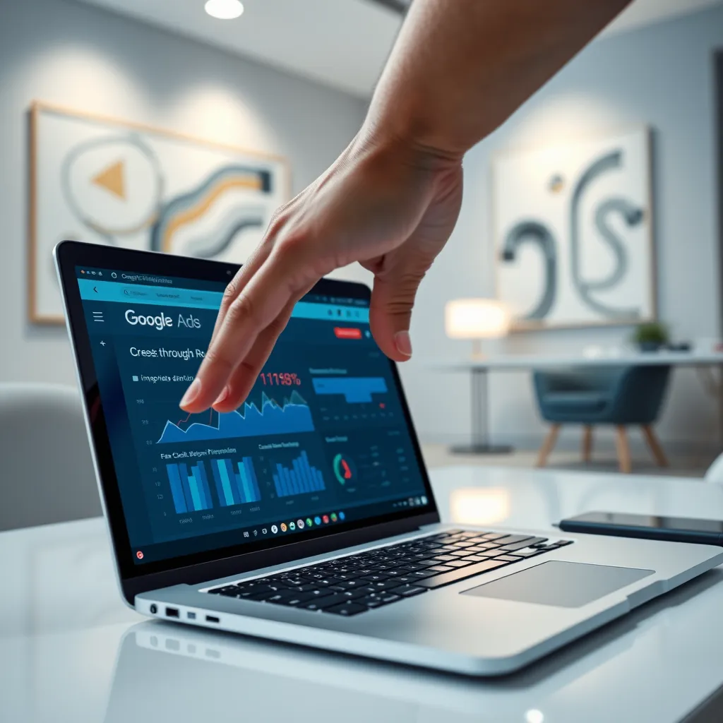 A close-up shot of a digital marketer's hand hovering over a laptop screen, showing a Google Ads dashboard with impressive performance metrics like click-through rates and conversion rates. The background is a sleek, modern office with abstract artwork and soft, diffused lighting. The colors are cool and calming, reflecting the precision and analytical nature of Google Ads management. The image should have a sense of data-driven decision making and optimization. 8K resolution, photorealistic, focusing on the interaction between the digital marketer and the technology.