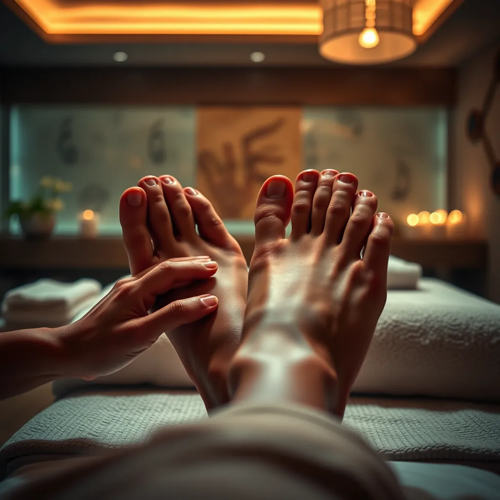 A close-up shot of a person's feet receiving a foot massage in a dimly lit spa room. The therapist's hands are gently kneading and pressing on the feet, using essential oils to enhance the experience. The room has a warm and inviting ambiance, with soft lighting and calming music playing in the background.