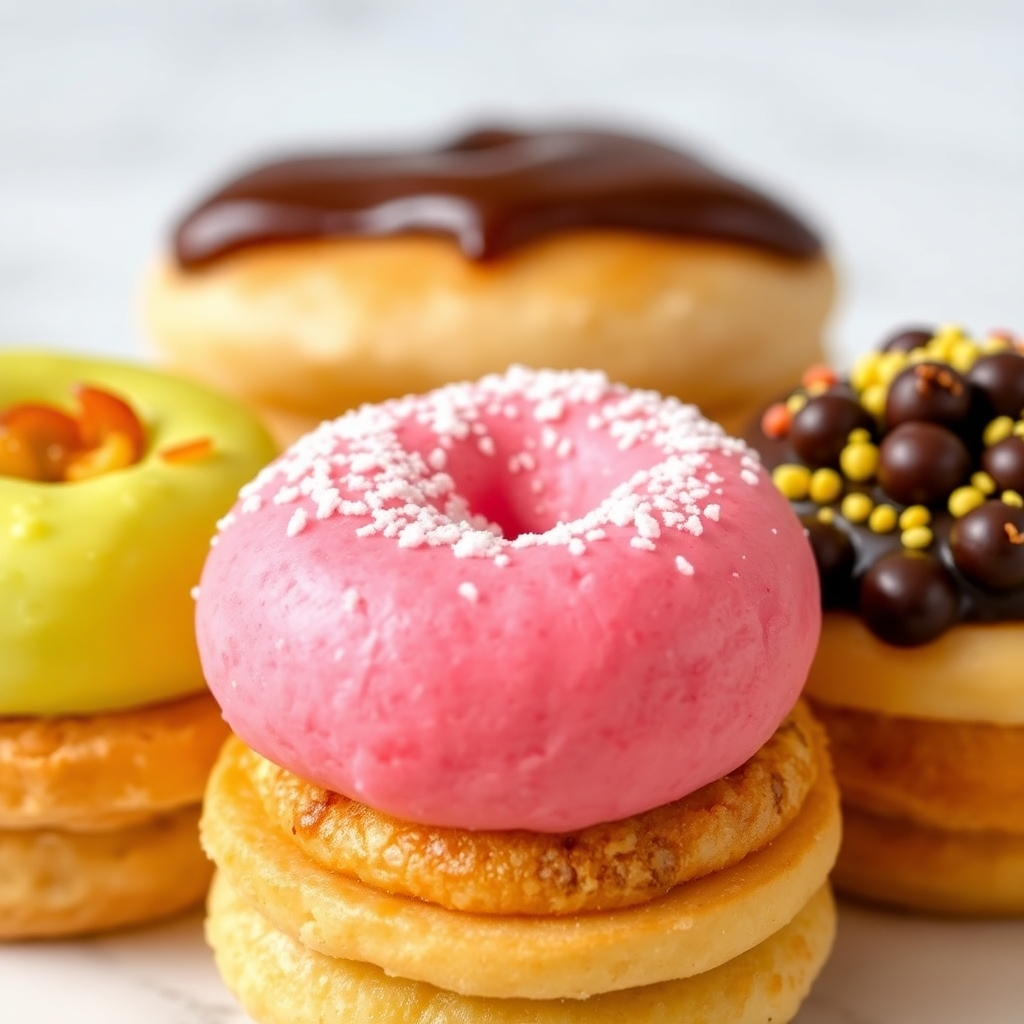 A close-up shot of a selection of three to four different types of pastries from Pim's Bakery. Each pastry should be meticulously detailed, emphasizing the visual appeal through the use of vibrant, natural colors and textures.  The lighting should enhance the textures and depth of the pastries. The background should be simple and understated, allowing the pastries to be the focal point.  Consider a simple, neutral-colored surface, such as marble or wood. The image should inspire a feeling of indulgence and delight.